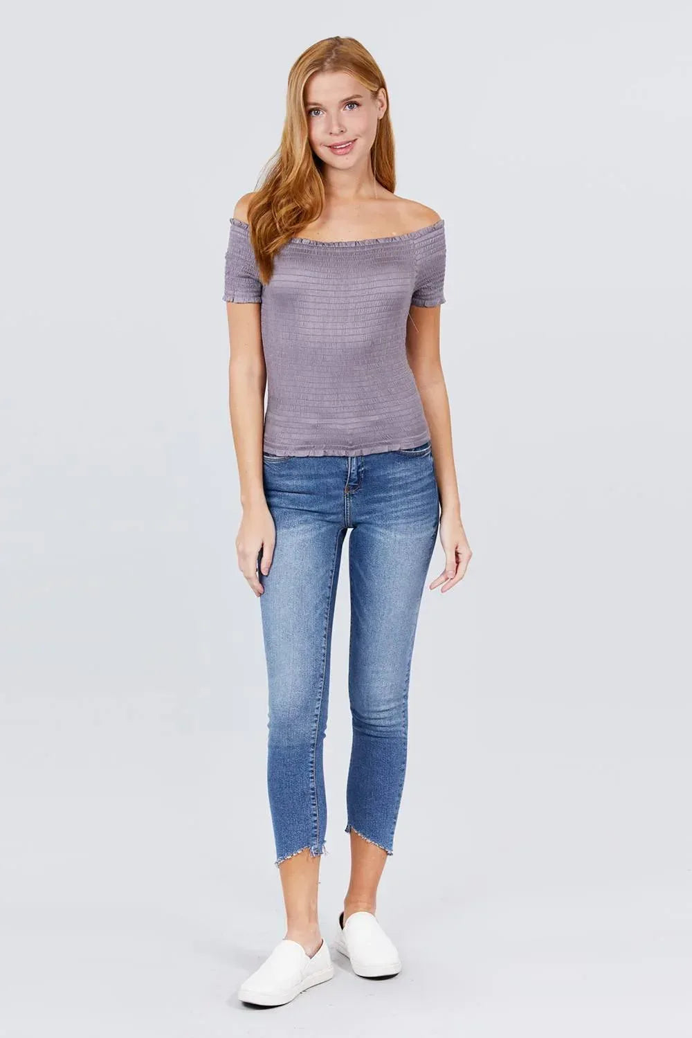 Short Sleeve Off The Shoulder Smocked Rayon Spandex Top Secondary image