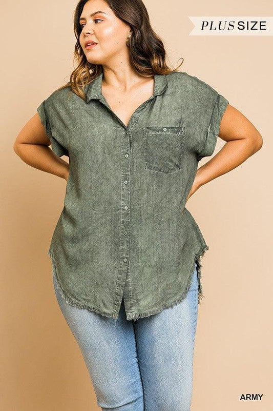 Washed Button Up Short Sleeve Top With Frayed Hemline | Mixtshop LLC