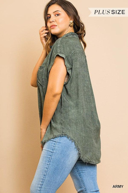 Washed Button Up Short Sleeve Top With Frayed Hemline | Mixtshop LLC
