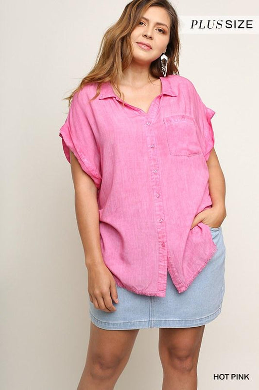 Washed Button Up Short Sleeve Top With Frayed Hemline | Mixtshop LLC