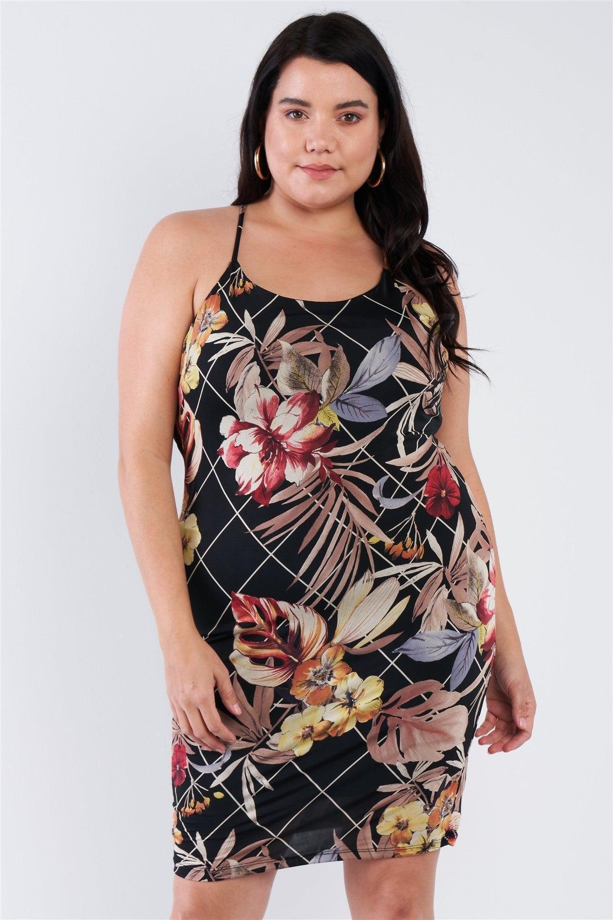 Plus Size Criss-cross Open Back Mini Floral Print Dress | Mixtshop LLC Main image