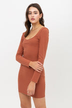 U Neck Of Front And Back Side, Basic Rib Dress With Long Sleeve | Mixtshop LLC