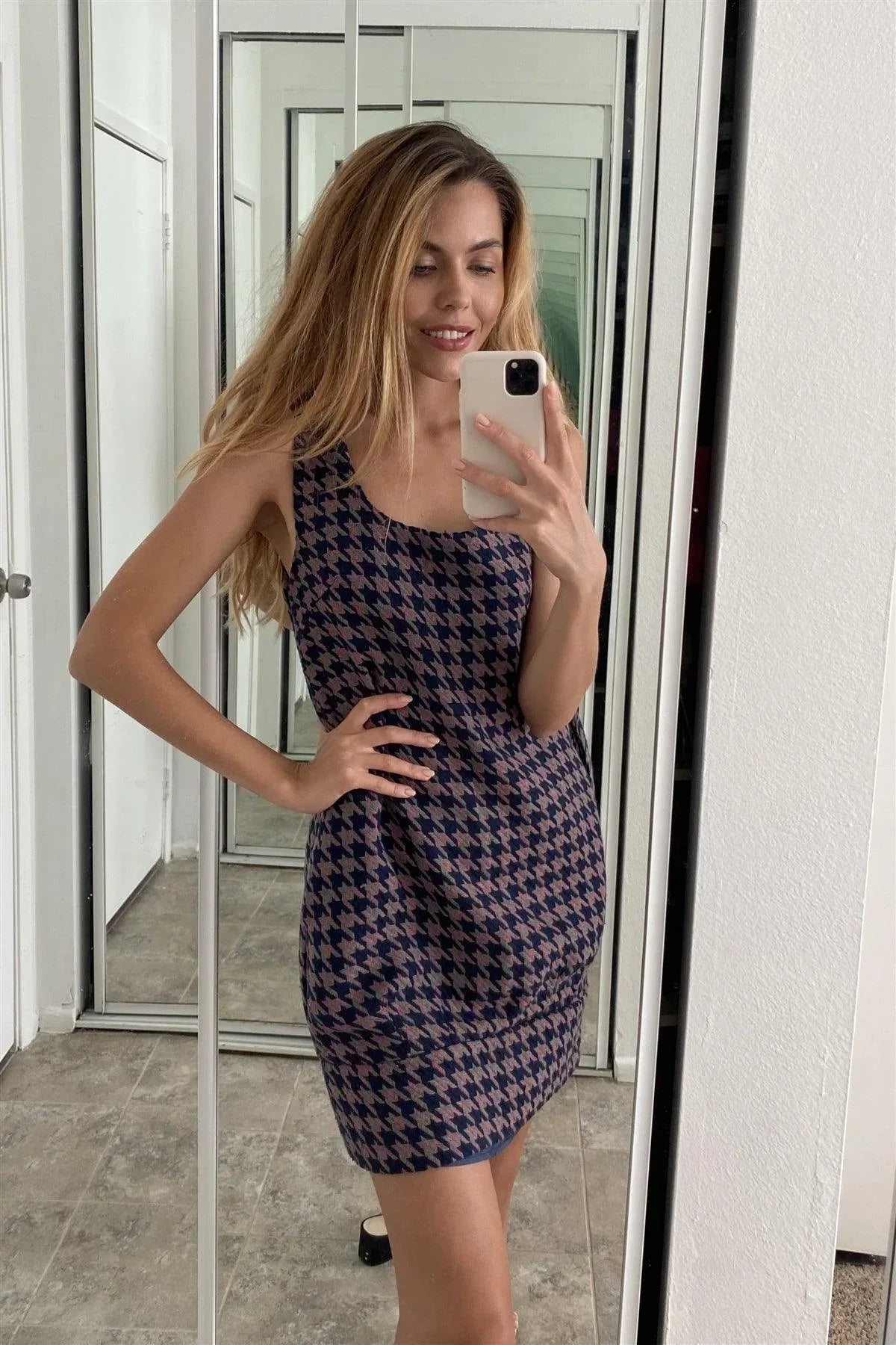 Multi Houndstooth Pattern Sleeveless Mini Dress | Mixtshop LLC Main image