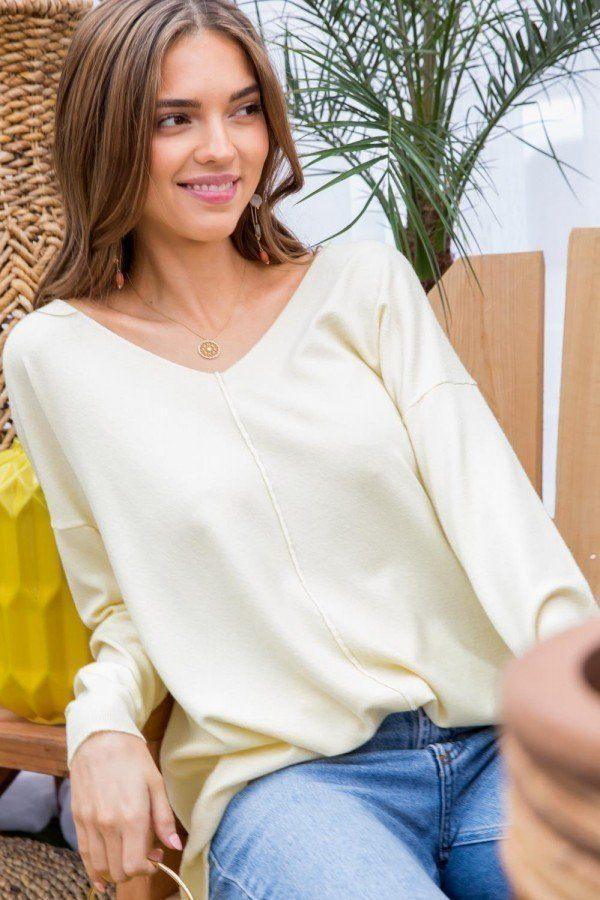 V Neck 3/4 Sleeve Side Slit Hi-lo Sweater | Mixtshop LLC Main image