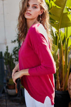 V Neck 3/4 Sleeve Side Slit Hi-lo Sweater | Mixtshop LLC