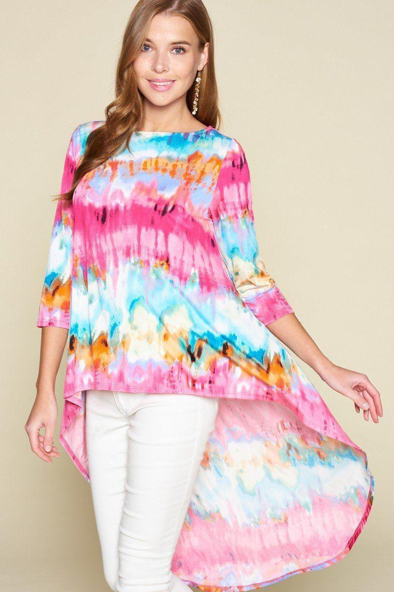 Tie-dye Venechia High Low Fashion Top With 3/4 Sleeves | Mixtshop LLC Main image