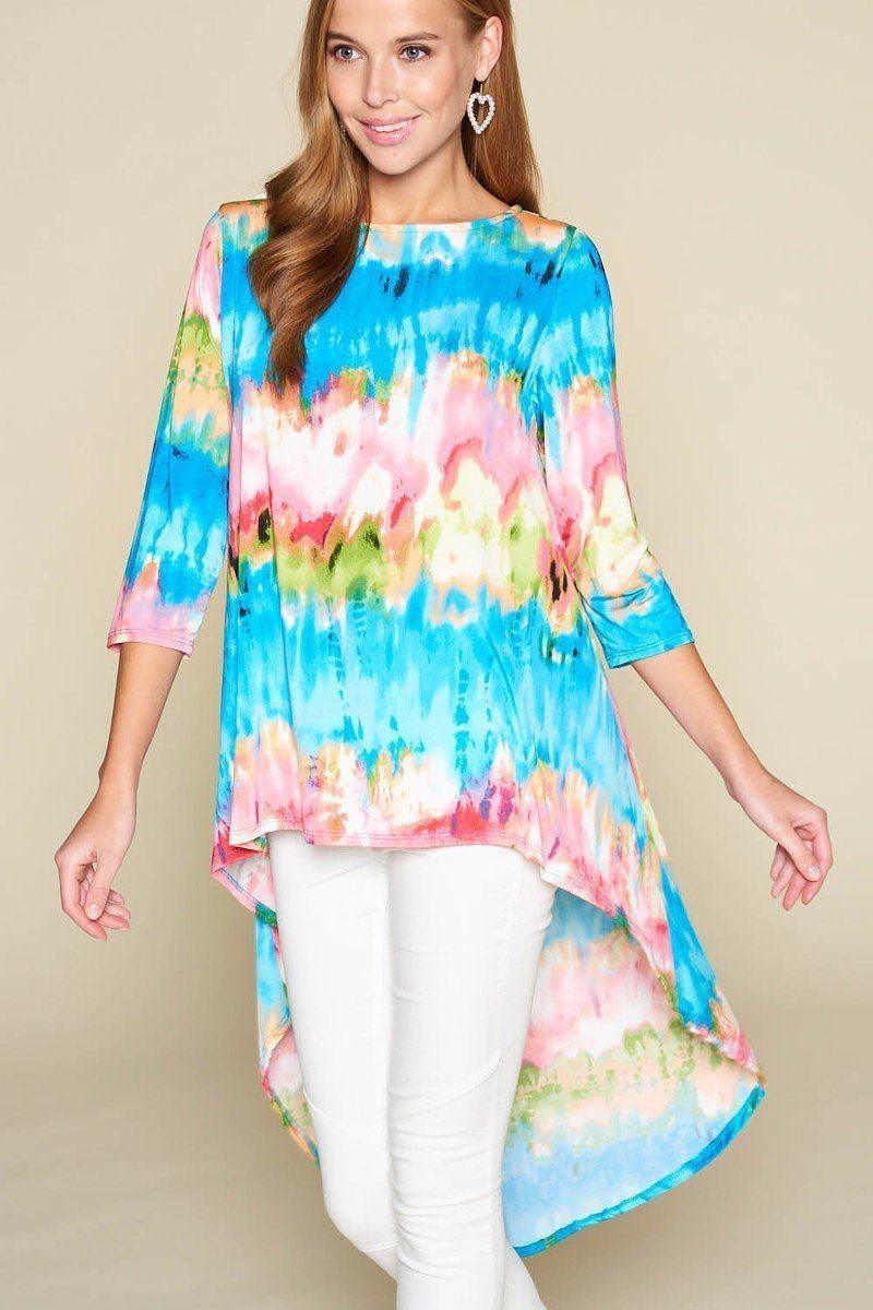 Tie-dye Venechia High Low Fashion Top With 3/4 Sleeves | Mixtshop LLC Main image