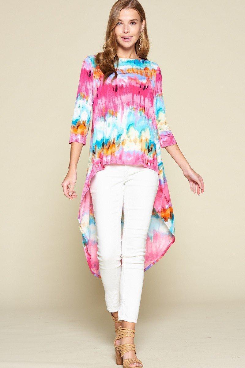 Tie-dye Venechia High Low Fashion Top With 3/4 Sleeves Secondary image