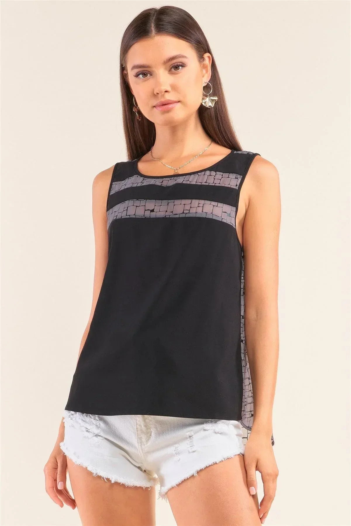 Grey And Black Sleeveless Relaxed Fit Brick Pattern Print Mesh Round Neck Top | Mixtshop LLC Main image