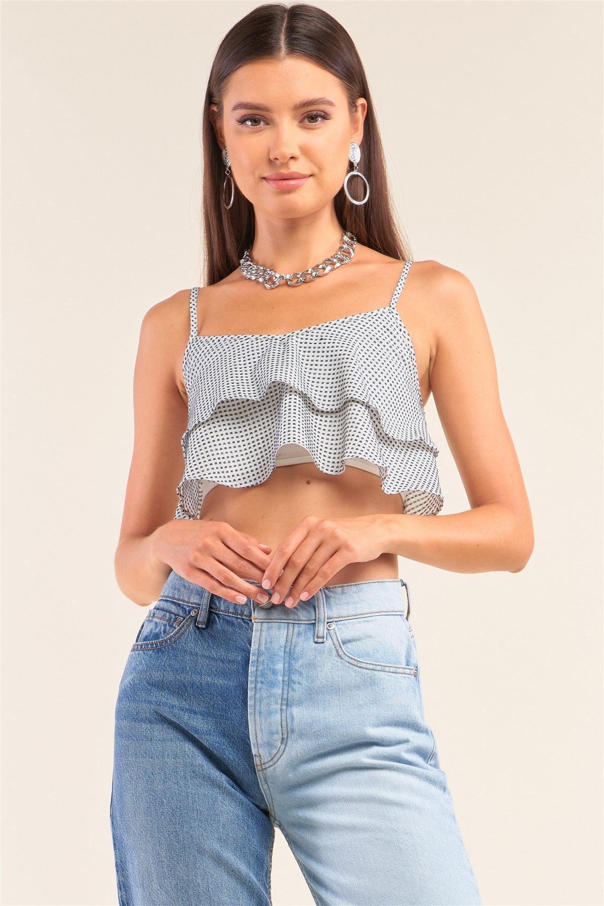 White And Navy Sleeveless Polka Square Layered Smock Back Cropped Top | Mixtshop LLC Main image