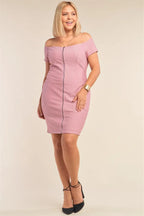 Plus Size Fitted Off-the-shoulder Front Zipper Bodycon Mini Dress | Mixtshop LLC