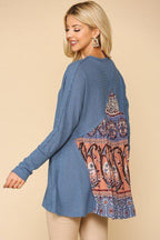 Waffle Knit And Woven Print Mixed Hi Low Flowy Tunic Top | Mixtshop LLC