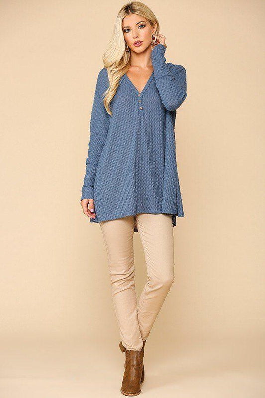 Waffle Knit And Woven Print Mixed Hi Low Flowy Tunic Top | Mixtshop LLC