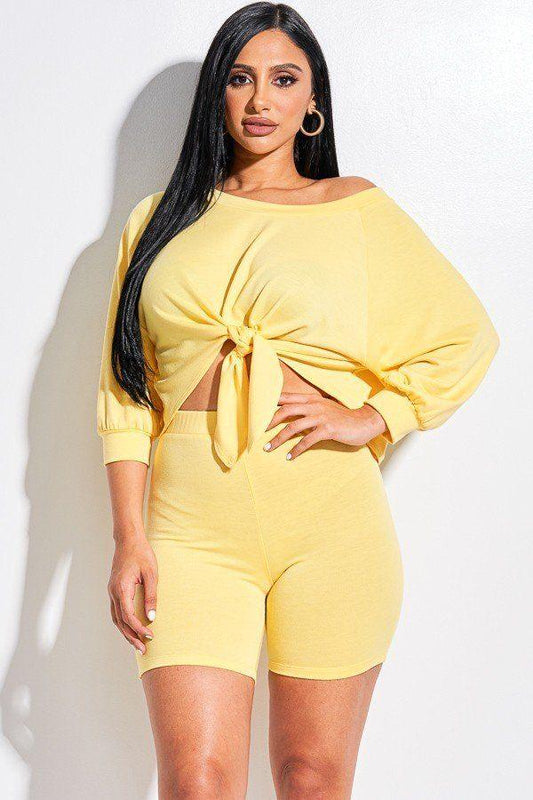 Solid French Terry Tie Front Off The Shoulder Slouchy Top And Shorts Two Piece Set | Mixtshop LLC