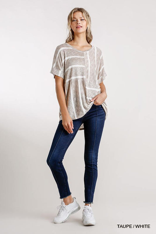 Horizontal And Vertical Striped Short Folded Sleeve Top With High Low Hem | Mixtshop LLC