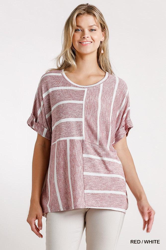 Horizontal And Vertical Striped Short Folded Sleeve Top With High Low Hem | Mixtshop LLC Main image