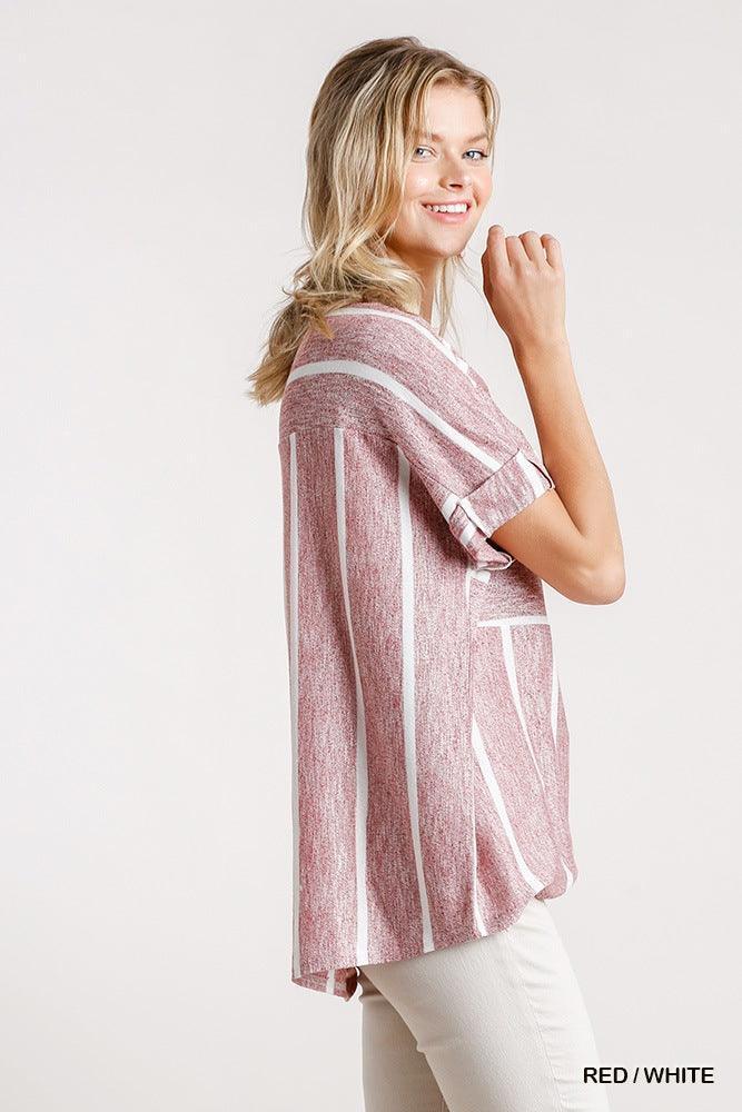 Horizontal And Vertical Striped Short Folded Sleeve Top With High Low Hem Secondary image