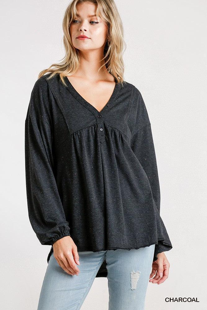 Confetti Detailed Long Puff Sleeve Babydoll Top With Button Front And Raw Hem | Mixtshop LLC Main image
