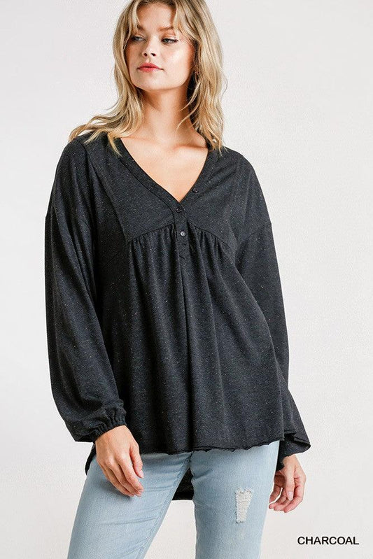 Confetti Detailed Long Puff Sleeve Babydoll Top With Button Front And Raw Hem | Mixtshop LLC