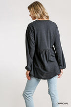 Confetti Detailed Long Puff Sleeve Babydoll Top With Button Front And Raw Hem | Mixtshop LLC
