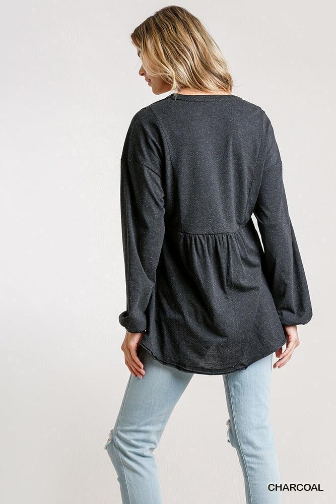Confetti Detailed Long Puff Sleeve Babydoll Top With Button Front And Raw Hem | Mixtshop LLC