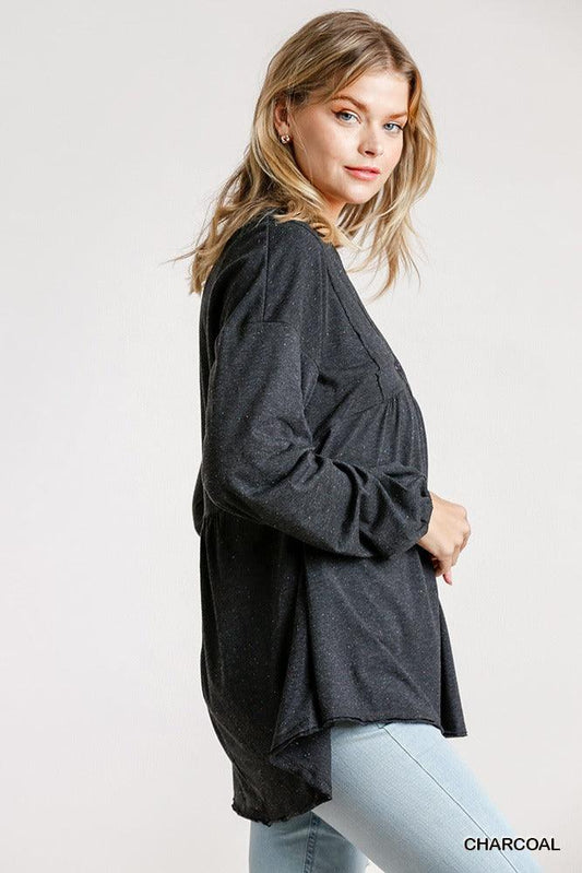 Confetti Detailed Long Puff Sleeve Babydoll Top With Button Front And Raw Hem | Mixtshop LLC