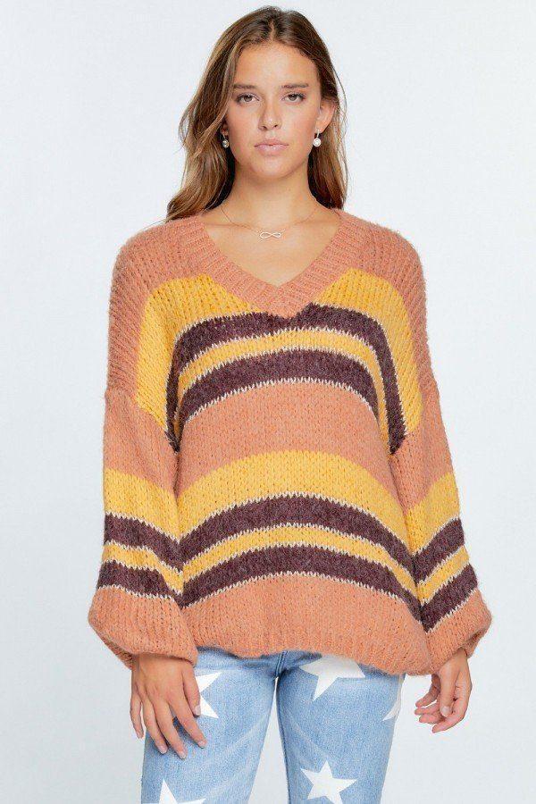 V-neck Cozy Thick Knit Stripe Pullover Sweater | Mixtshop LLC Main image