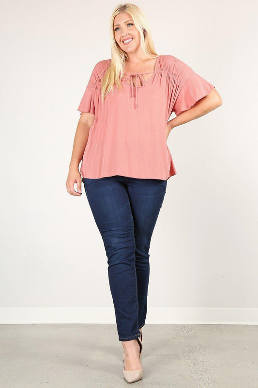 Plus Size Solid Top With A Necktie, Pleated Detail, And Flutter Sleeves | Mixtshop LLC