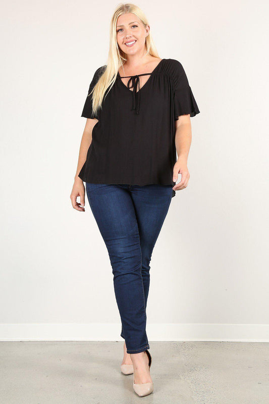 Plus Size Solid Top With A Necktie, Pleated Detail, And Flutter Sleeves | Mixtshop LLC