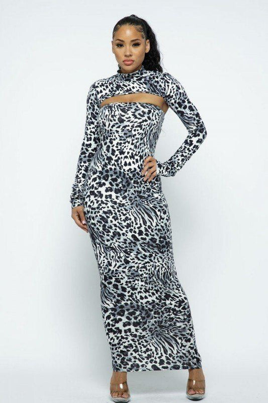 Mock Neck Long Sleeve Thumb In Top With Tube Top Long Dress Set | Mixtshop LLC