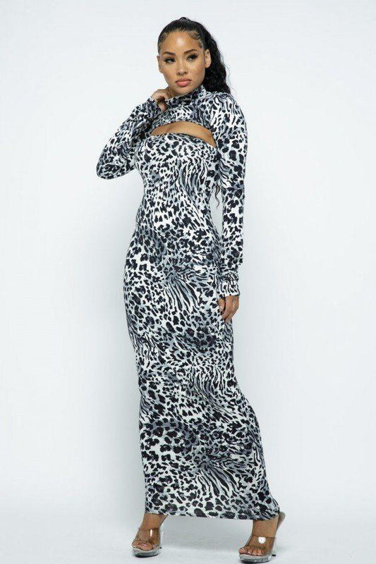 Mock Neck Long Sleeve Thumb In Top With Tube Top Long Dress Set | Mixtshop LLC