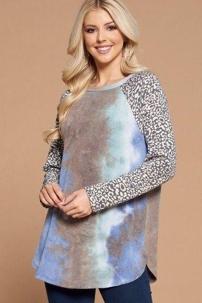 Plus Size French Terry Tie Dye Casual Color Block Top Secondary image