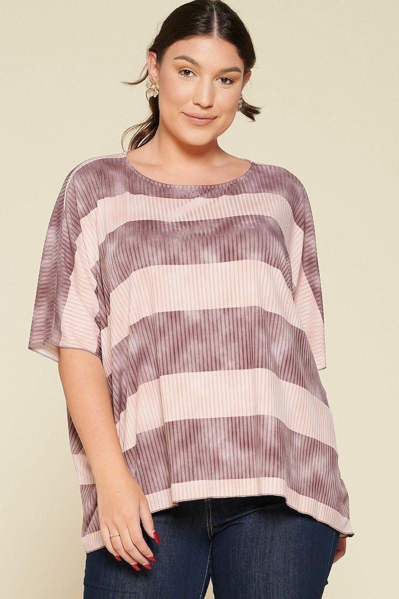 Stripe Printed Pleated Blouse Featuring A Boat Neckline And 1/2 Sleeves | Mixtshop LLC Main image