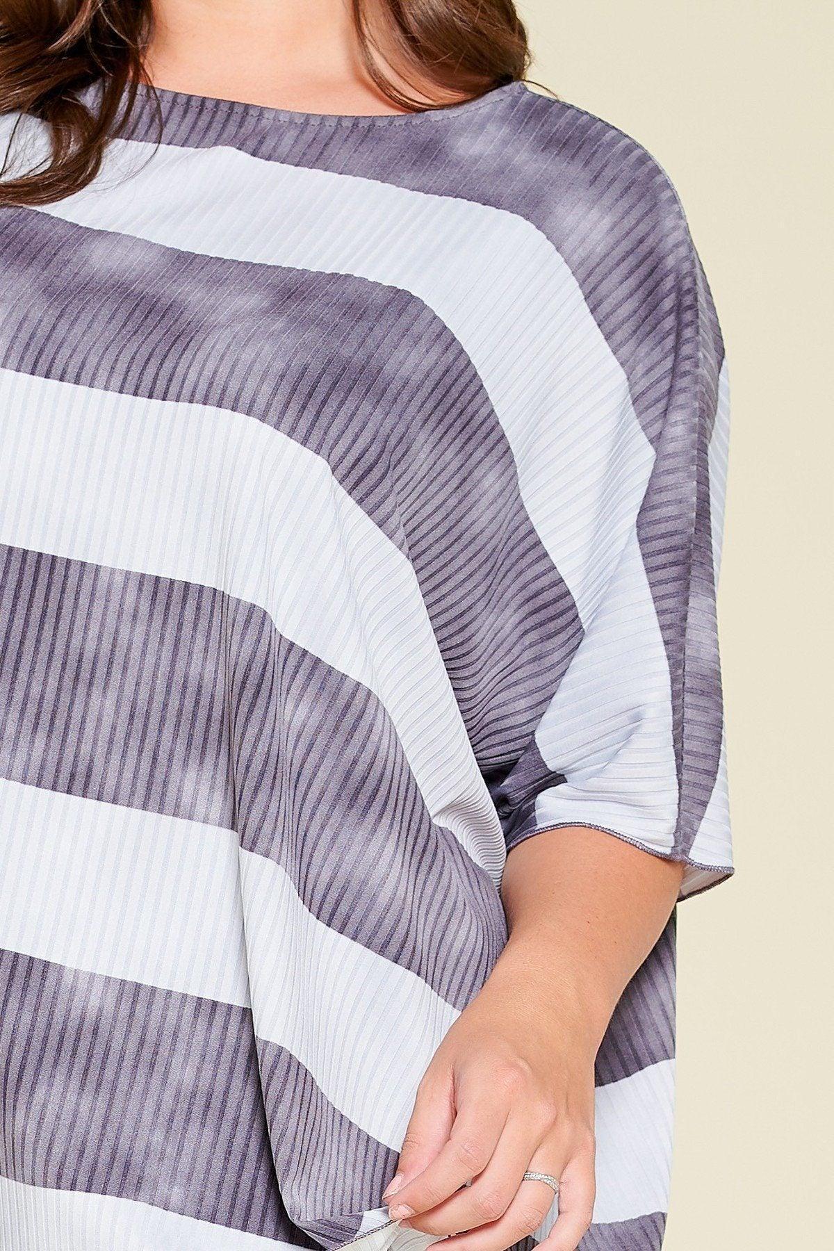 Stripe Printed Pleated Blouse Featuring A Boat Neckline And 1/2 Sleeves | Mixtshop LLC