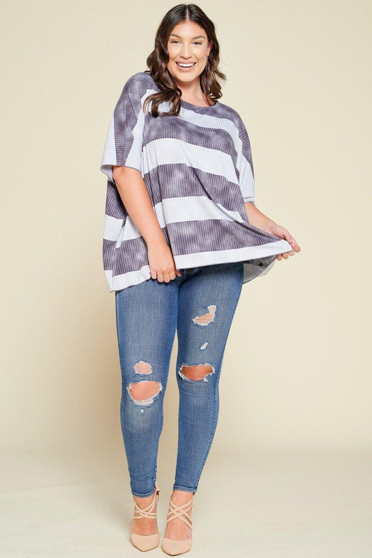 Stripe Printed Pleated Blouse Featuring A Boat Neckline And 1/2 Sleeves | Mixtshop LLC