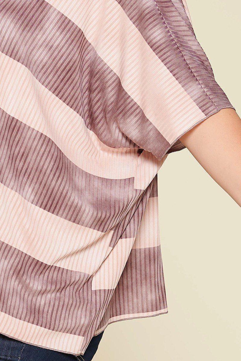 Stripe Printed Pleated Blouse Featuring A Boat Neckline And 1/2 Sleeves | Mixtshop LLC