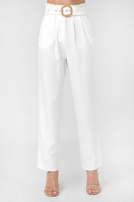 A Solid Pant Featuring Paperbag Waist With Rattan Buckle Belt | Mixtshop LLC