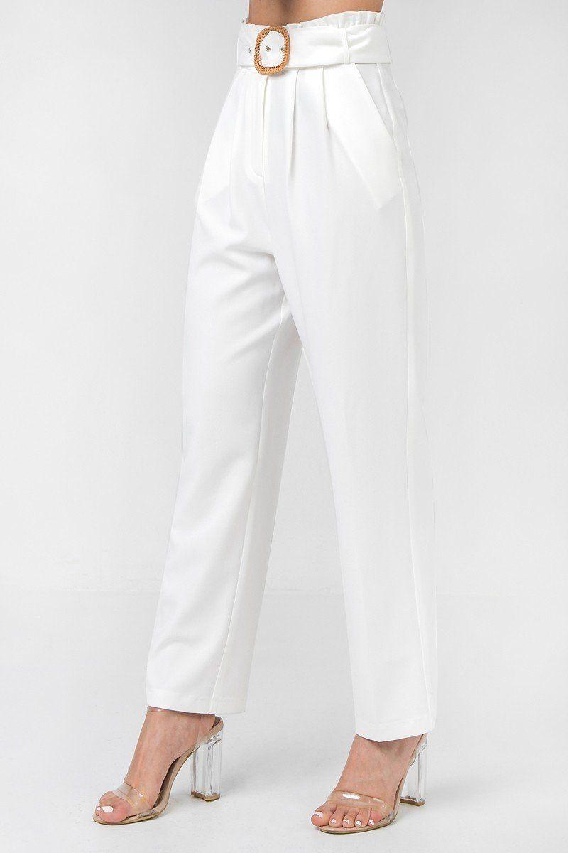 A Solid Pant Featuring Paperbag Waist With Rattan Buckle Belt | Mixtshop LLC
