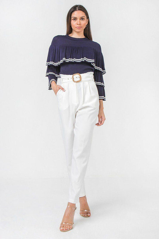 A Solid Pant Featuring Paperbag Waist With Rattan Buckle Belt | Mixtshop LLC