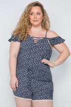 Plus Size Navy Floral Print Lace Up Romper | Mixtshop LLC