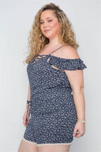 Plus Size Navy Floral Print Lace Up Romper | Mixtshop LLC