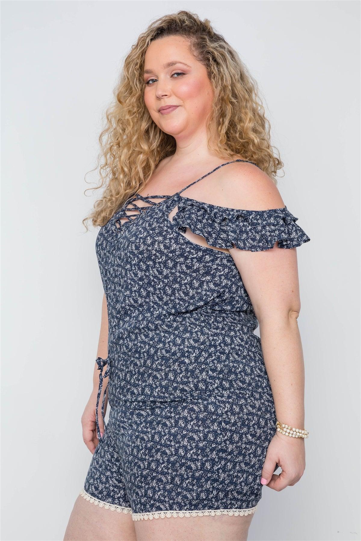 Plus Size Navy Floral Print Lace Up Romper | Mixtshop LLC