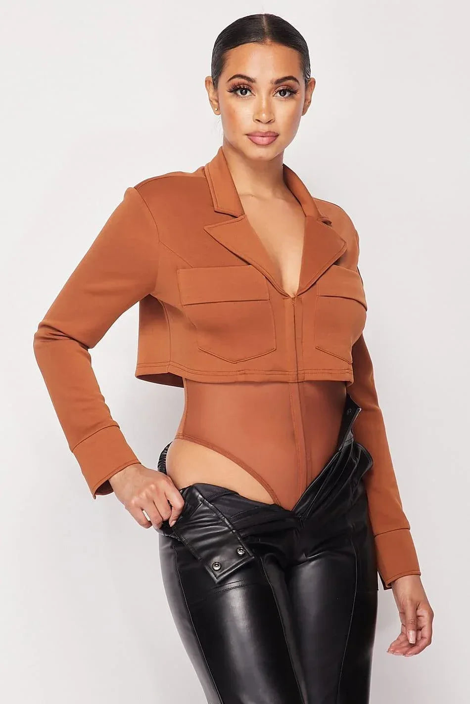 Deep-v Cropped Power Shoulder Blazer Bodysuit | Mixtshop LLC Main image