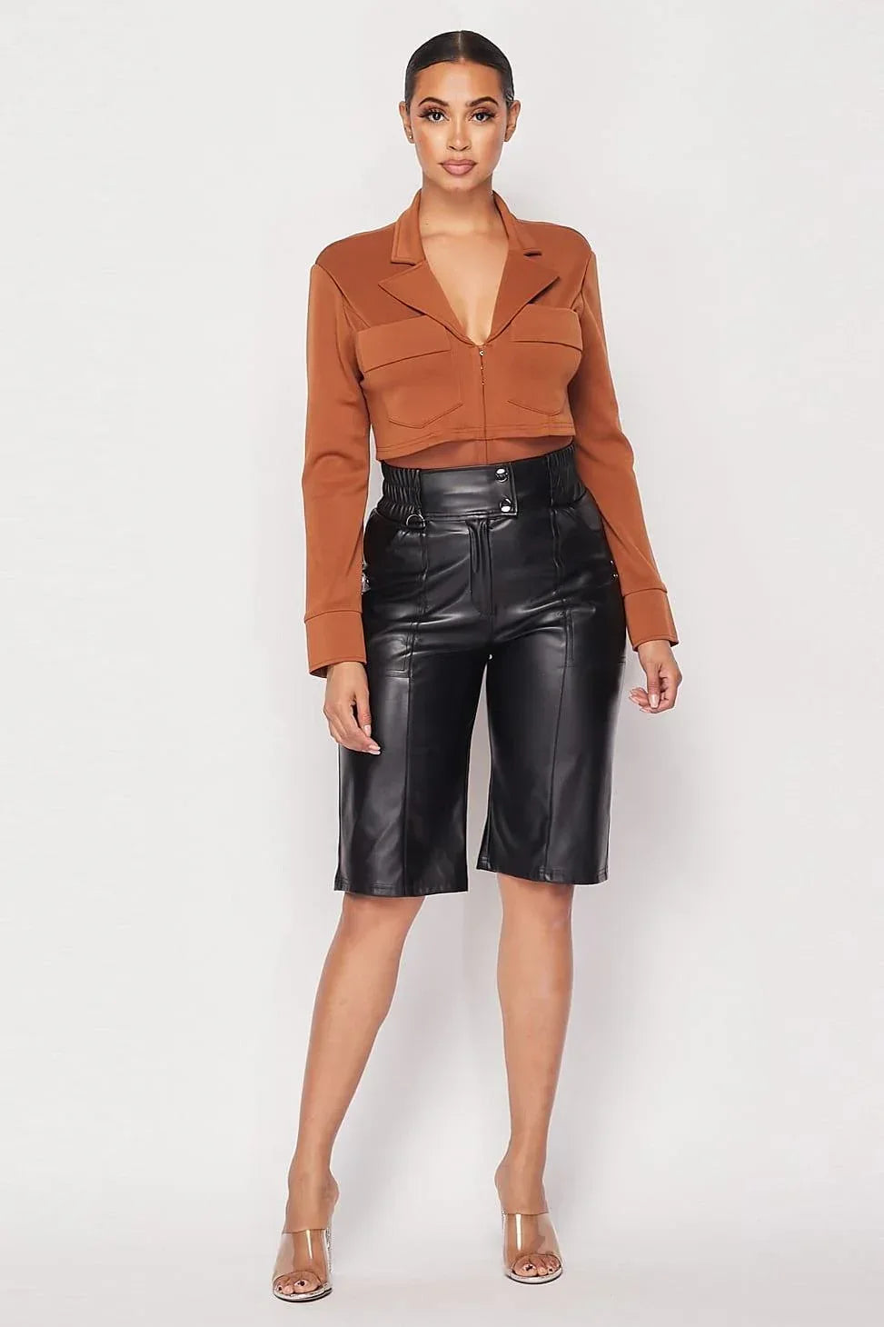 Deep-v Cropped Power Shoulder Blazer Bodysuit | Mixtshop LLC