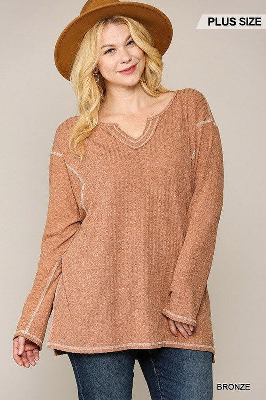 Two-tone Ribbed Tunic Top With Side Slits | Mixtshop LLC