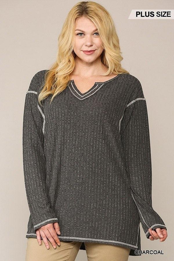 Two-tone Ribbed Tunic Top With Side Slits | Mixtshop LLC Main image