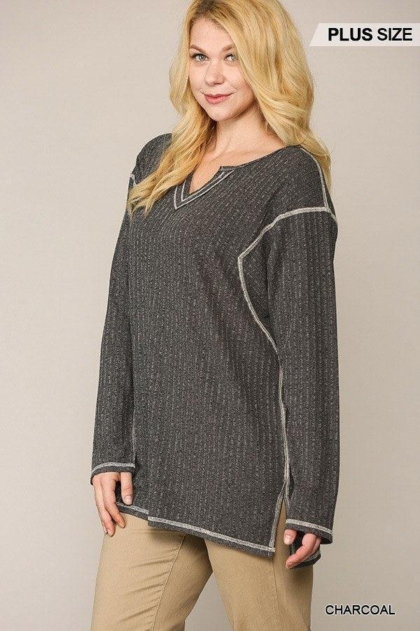 Two-tone Ribbed Tunic Top With Side Slits | Mixtshop LLC