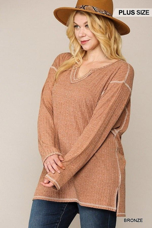Two-tone Ribbed Tunic Top With Side Slits | Mixtshop LLC