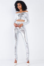Metallic Small Scales Print Long Sleeve Off-the-shoulder Cropped Top And High Waist Slim Fit Legging Set | Mixtshop LLC