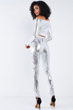 Metallic Small Scales Print Long Sleeve Off-the-shoulder Cropped Top And High Waist Slim Fit Legging Set | Mixtshop LLC
